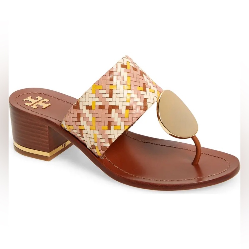 NWOB Tory Burch PATOS DISK MID-HEEL SANDAL Woven Neutral Pink Gold Size 7.5